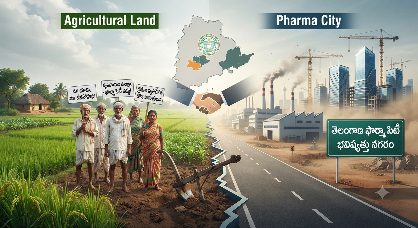 ఫార్మా సిటీ, ఫ్యూచర్ సిటీ భూసేకరణపై రైతుల నిరసన: ప్రభుత్వం చర్చలు జరపాలని డిమాండ్